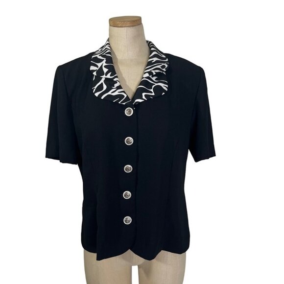 Leslie Fay women's blouse 8 black button down black white collar short sleeve - Picture 1 of 8